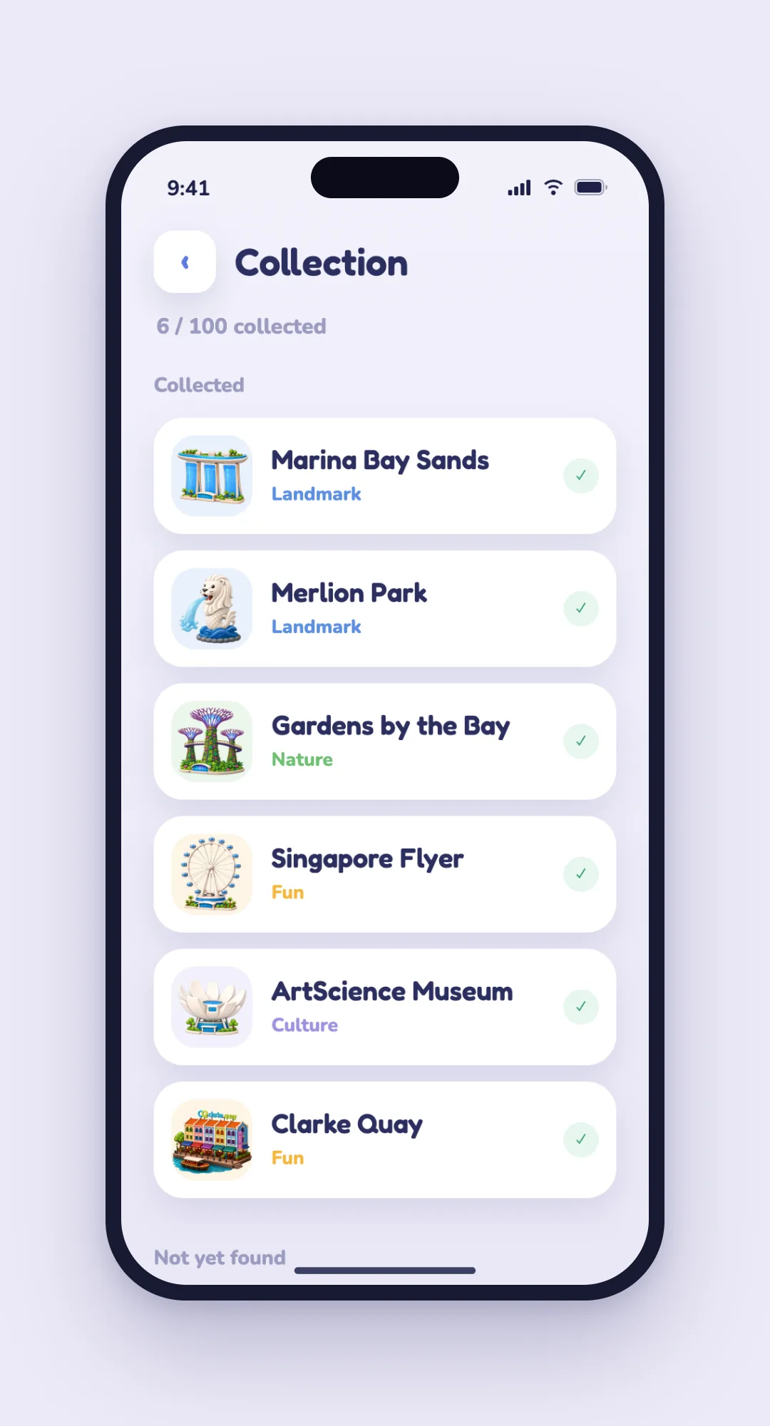 Collection screen listing 6 of 100 landmarks found, each tagged Landmark, Nature, Fun or Culture.