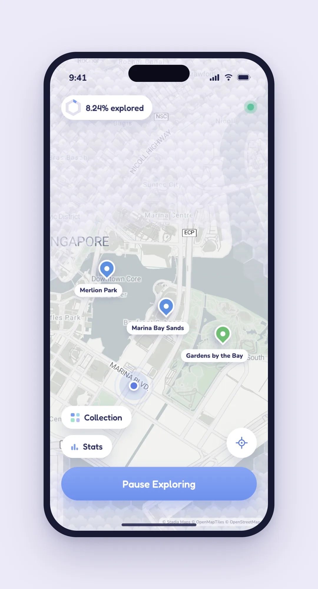 Fog-of-war map at 8.24% explored, with cleared streets around Marina Bay with pins on Merlion Park, Marina Bay Sands and Gardens by the Bay.