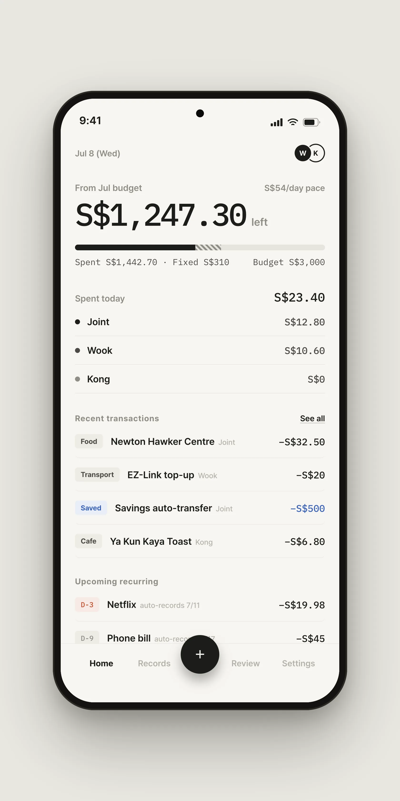 TongTong home screen showing S$1,247.30 left of the July budget, today's spend split across Joint, Wook and Kong, and a recent-transactions list.