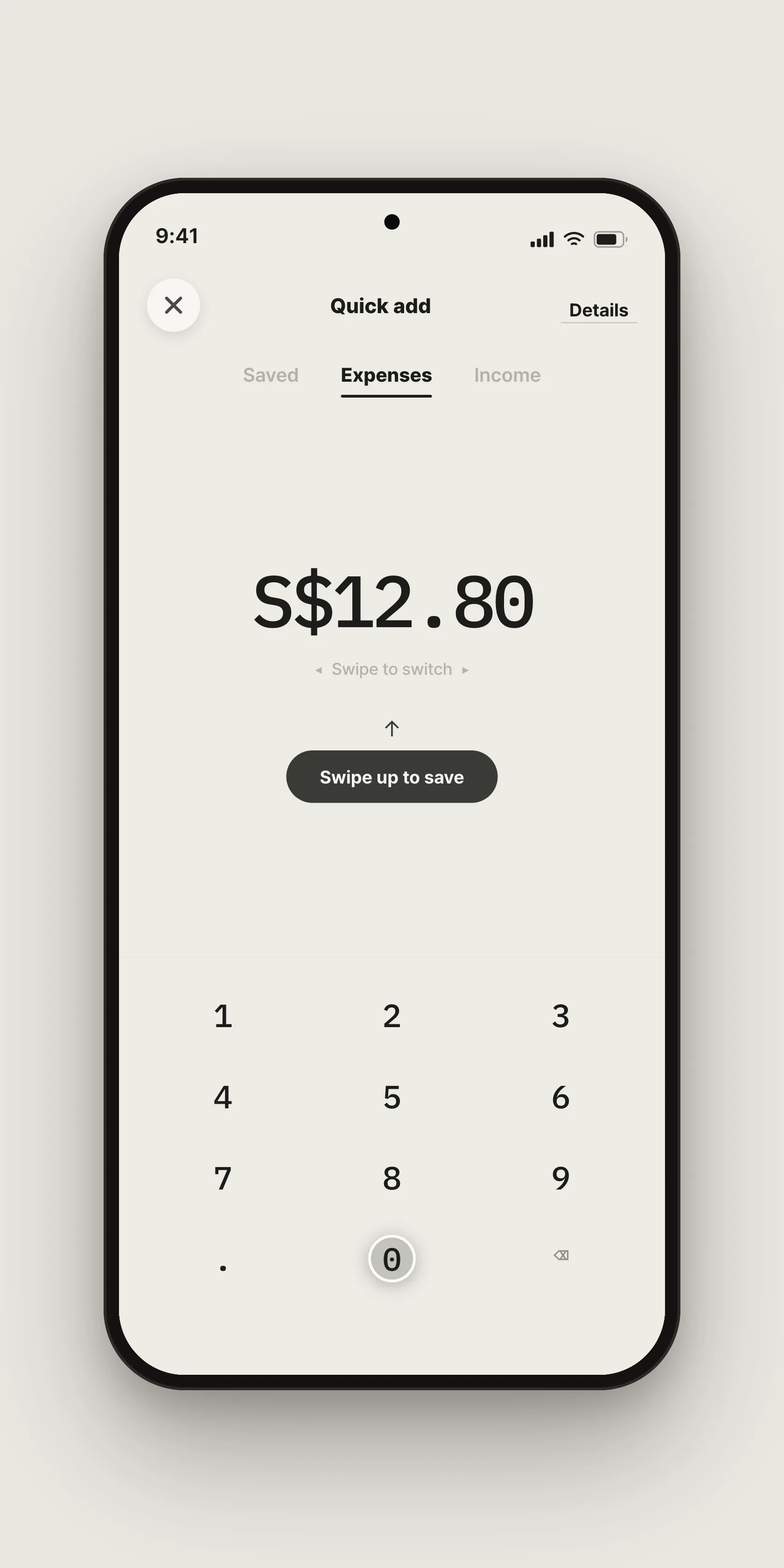 TongTong quick-add keypad entering an S$12.80 expense, with a swipe-up-to-save control.